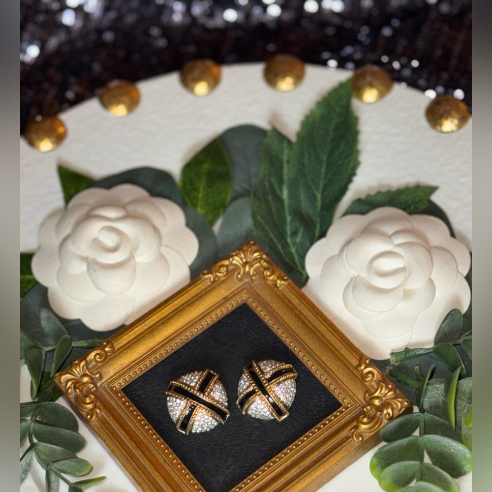 Elegant Gold-tone Clip on Earrings With Black Enamel X And Crystals - Picture 5 of 16
